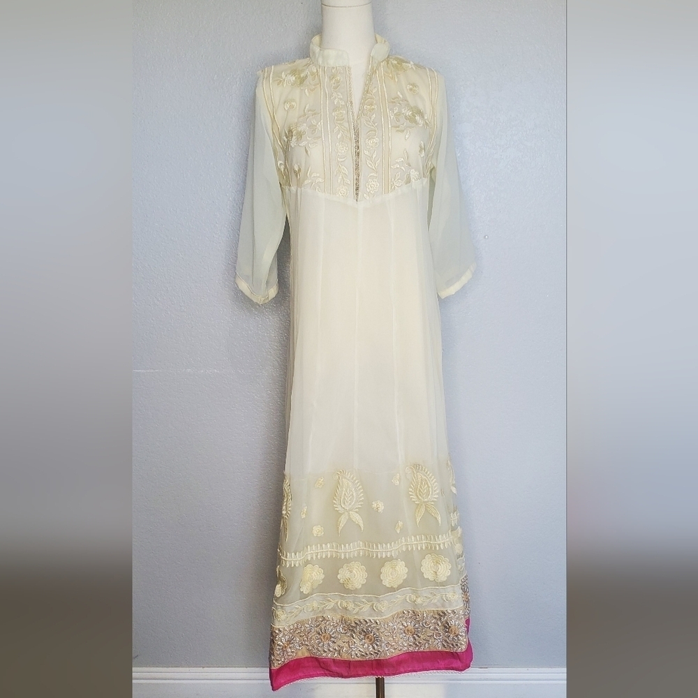 Vintage 70s Embroidered Sheer Lace Boho Chikankari Kurti Midi Maxi Dress